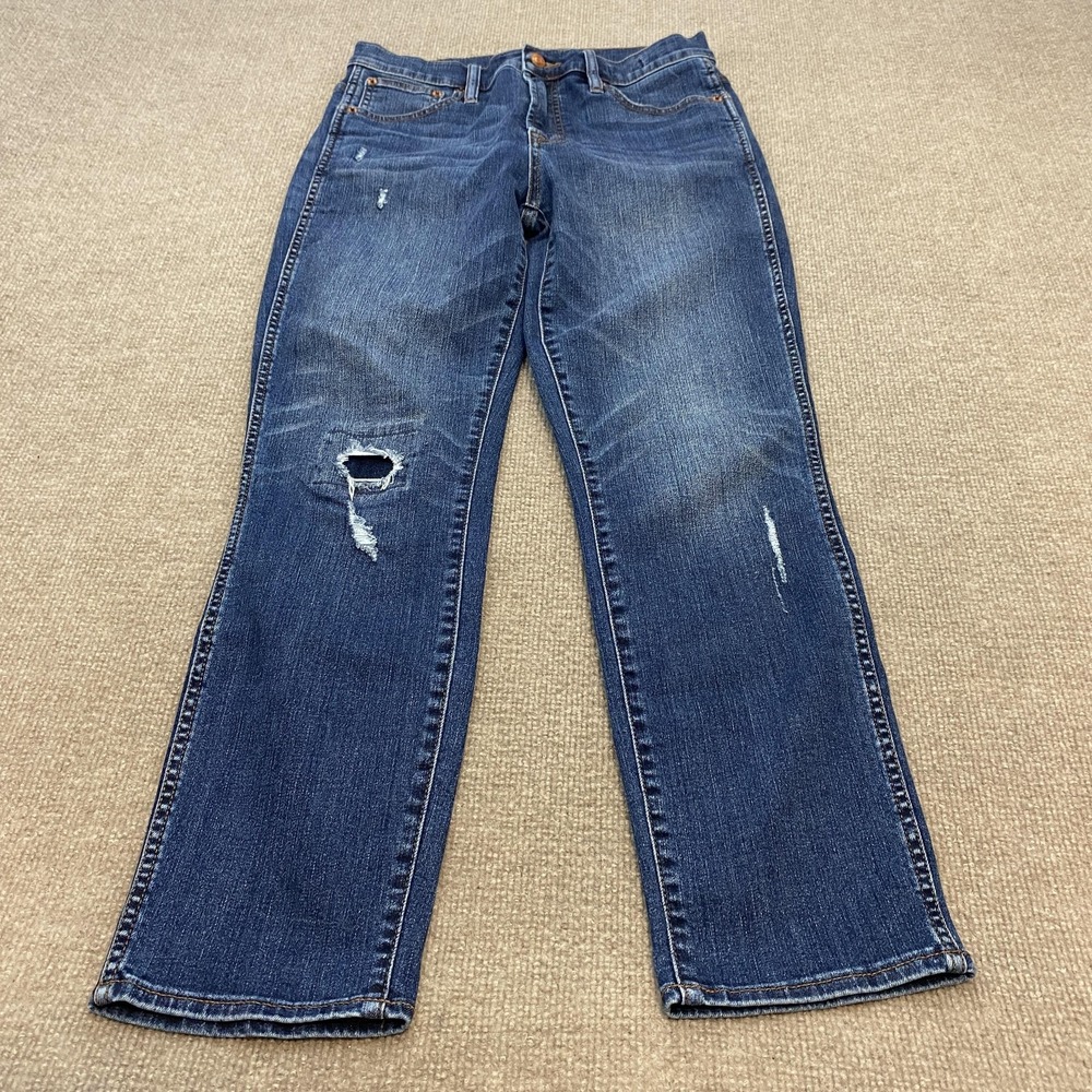 J.Crew Vintage Straight Jeans Womens 28 Blue Wash High Rise Distressed Stretch